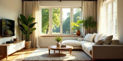 Sunlit living room, comfy sofa, natural decor, apartment, room