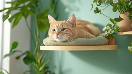 A domestic cat comfortably perched on wooden shelves, surrounded by cozy hammocks in a warm, inviting interior design
