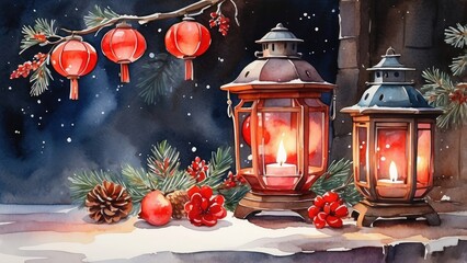 A festive winter scene featuring two vintage red lanterns with glowing candles, surrounded by evergreen branches