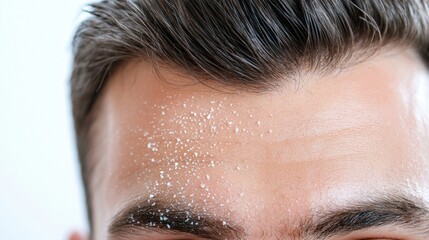 Extreme close-up of a human scalp showing severe dandruff with visible white flaky skin