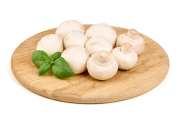 Agaricus, Mushrooms, Basil, Wooden Cutting Board, isolated on white background