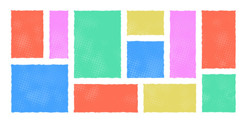 Set of colorful vector rectangles with halftone dots and soft gradient backgrounds. Ideal for pop art designs, stickers, scrapbook elements, labels, or retro comic templates.