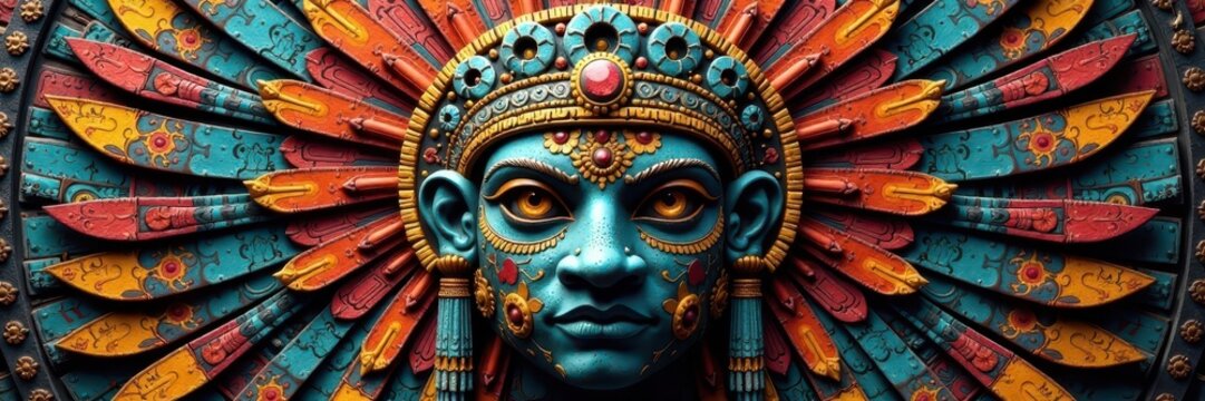 Intricate Aztec Mayan head engraving, ornate headdress , clothing, sacred, graphic