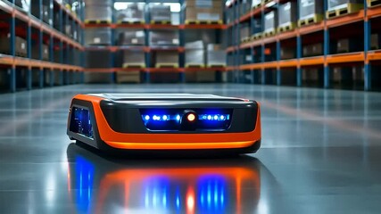 Autonomous delivery robot navigating through a warehouse filled with stacked boxes and shelves (1) - Powered by Adobe