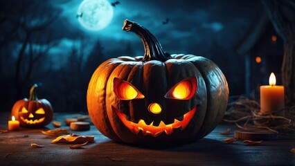 A large, menacing jack-o'-lantern with glowing orange eyes and a jagged smile sits at the center