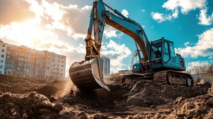 Obraz premium Blue excavator digs dirt on construction site (1)