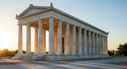 Obraz premium Majestic Sunrise Over Ancient Greek Buildings and Architecture A Stunning Architectural Masterpiece