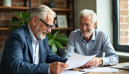 Smiling seniors reviewing documents with advisor, office, planning