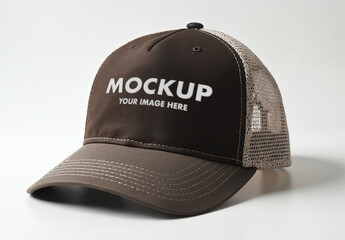 Dark Brown Trucker Cap Mockup with Beige Mesh on a White Clean Background