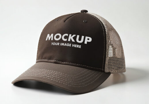 Dark Brown Trucker Cap Mockup with Beige Mesh on a White Clean Background