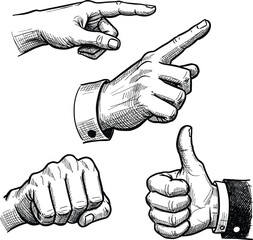 Vintage sketch of hand gestures including pointing, fist, and thumbs up, retro illustration style for signage, symbol, communication, expression, and gesture icons © Morsalin Creatives