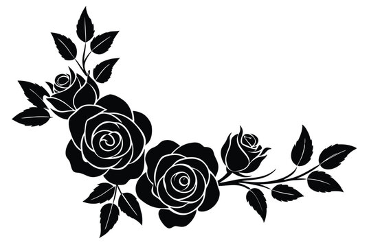 Floral corner design with rose and leaf silhouette vector illustration for decoration