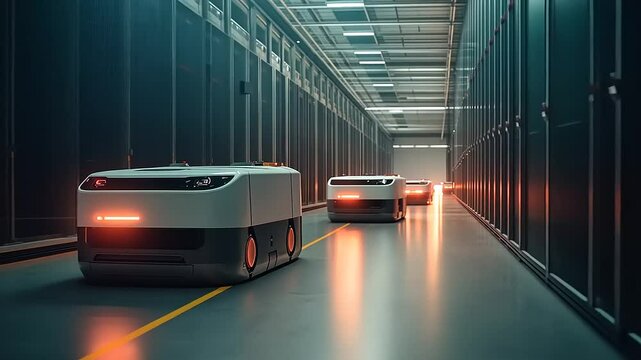 Futuristic robotic vehicles navigating a high-tech warehouse, illuminated by ambient lighting and shadows