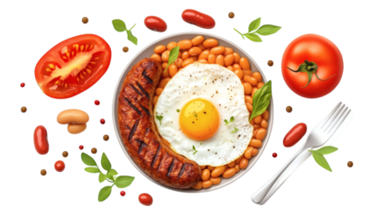 Traditional English breakfast with baked beans, grilled tomato, sausage, and fried egg isolated on transparent background 
