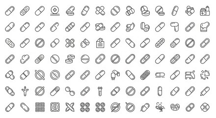 Set of 100 Black Outline Medicine Pill and Capsule Icons Vector for Healthcare, Pharmacy, and Medical Websites