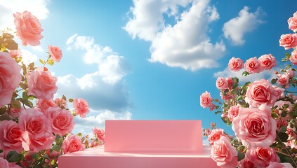 A romantic scene of pink roses blooming in a dreamy setting with a stage