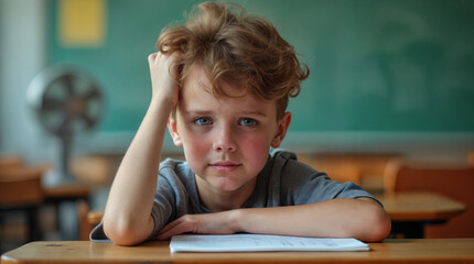 Boy feeling stressed while sitting at desk in classroom during hot weather