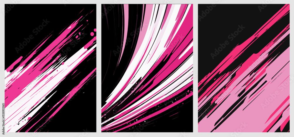 Poster vector illustration in abstract line art style shows bold dynamic pink, black, and white strokes on 