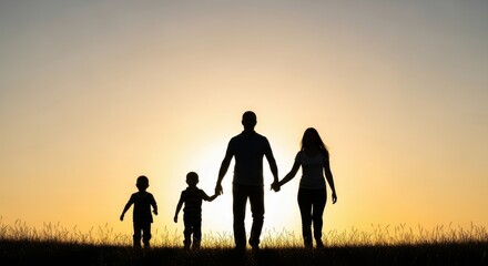 Family Silhouette Walking Together at Sunset or Sunrise, Parents Holding Hands with Two Small Children in a Warm, Golden Sky Landscape