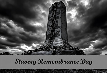Monument with chains under stormy sky for slavery remembrance day.