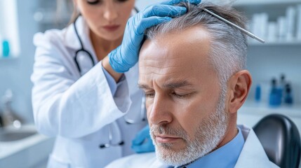 A dermatologist closely inspecting a patient's scalp to diagnose and provide treatment for their hair loss condition.