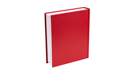 A blank red book cover, standing upright on the right side of an empty transparent background