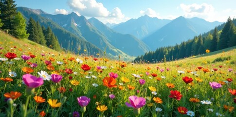 Vibrant wildflowers carpet tranquil meadow, mountains loom  , blooming, peaceful