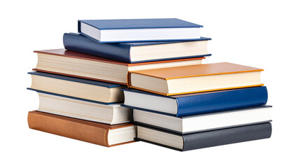 Classic hardcover book stacked neatly, symbolizing knowledge and learning isolated on transparent background.