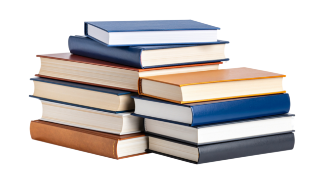 Classic hardcover book stacked neatly, symbolizing knowledge and learning isolated on transparent background.