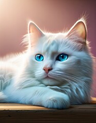 Stunning White Cat with Piercing Blue Eyes Resting Gracefully Detailed Portrait and Close-Up with Soft Lighting