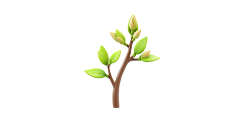 Branch With Green Leaves And Buds. Symbol Of Growth And Renewal Isolated On Transparent Background