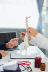 An orthopedic doctor shows a spinal model to a patient in a human spinal hospital. Diseases and...