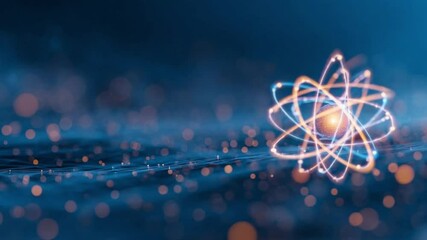 Futuristic abstract design of atom with glowing blue lines, points Advanced tech concept for nuclear energy, AI Modern graphic design with D elements, automation Innovation, future tec