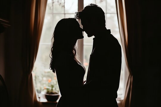 Silhouette of Couple Kissing in Dark Room with Soft Window Light, Woman Standing Behind the Man