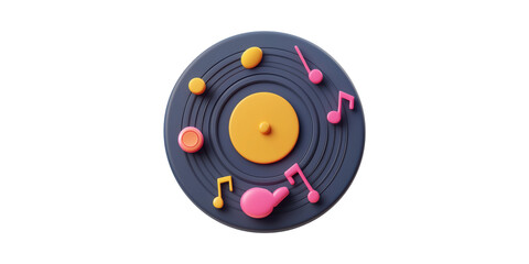 Colorful 3D Vinyl Record With Musical Notes. Symbolizes Music, Creativity, And Entertainment Isolated On Transparent Background