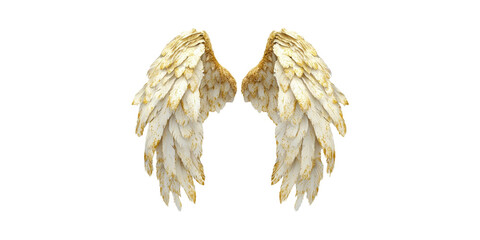 Golden Feathered Angel Wings. Symbol Of Spirituality And Freedom Isolated On Transparent Background