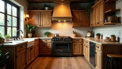 Rustic wooden kitchen cabinets, warm lighting, shadows, wooden cupboards, vintage kitchen