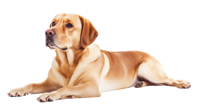 Golden labrador retriever dog lying down isolated on transparent background