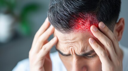 Close-up view of a person's scalp showing symptoms of chronic psoriasis, a common skin condition characterized by red, scaly, and irritated patches.