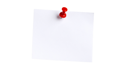 White paper sticky note with red push pin isolated on transparent background