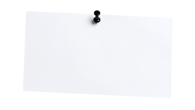 White paper sticky note with red push pin isolated on transparent background