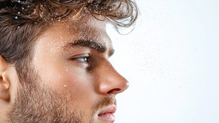 Close-up, detailed side view of a person's skin showing signs of a flaky, irritated skin condition such as dermatitis, eczema, or psoriasis