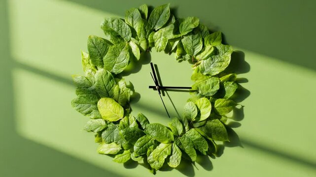 Leaf Clock on Green Canvas, Symbolizing Nature&rsquo;s Timeless Call for Eco-Action with Biodegradable Packaging Solutions. Video