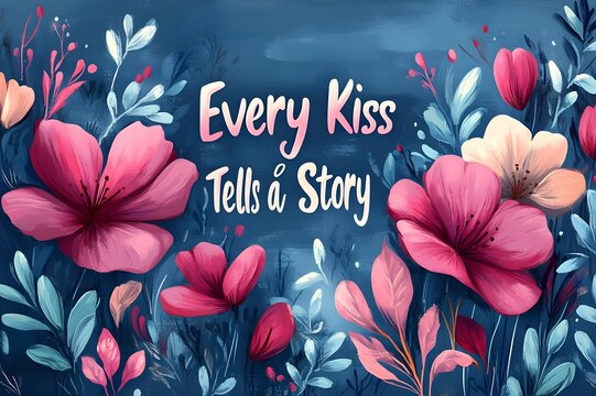 Beautiful floral illustration featuring the quote Every Kiss Tells a Story surrounded by vibrant pink and red flowers on a deep blue background, conveying romance and emotion.