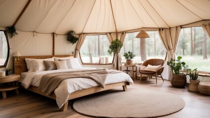 Cozy interior of a glamping tent surrounded by trees. Features a large window with opened flaps, a comfortable bed with white linens