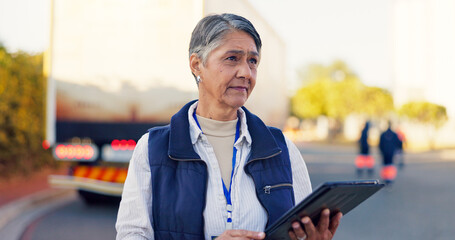 Logistics, mature and woman in yard with tablet, fleet manager or shipping route for delivery...
