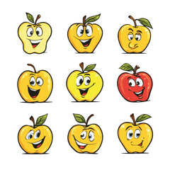  Cartoon Apple Emoticon Set, Cute Fruit Faces with Various Expressions for Stickers, Emoji, and Kids Educational Design