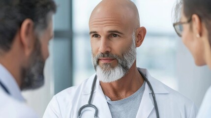 A doctor in a formal suit and tie is having a serious discussion about hair transplant treatment options with an elderly bald patient in a medical office setting.