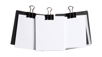 Blank white paper sheets with corner folded held together by a black binder clip on isolated on white transparent background PNG cutout