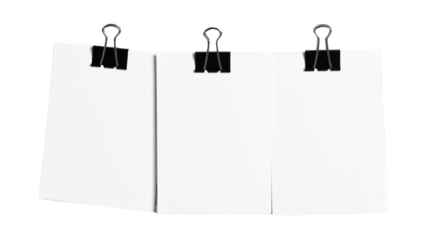 Blank white paper sheets with corner folded held together by a black binder clip on isolated on white transparent background PNG cutout